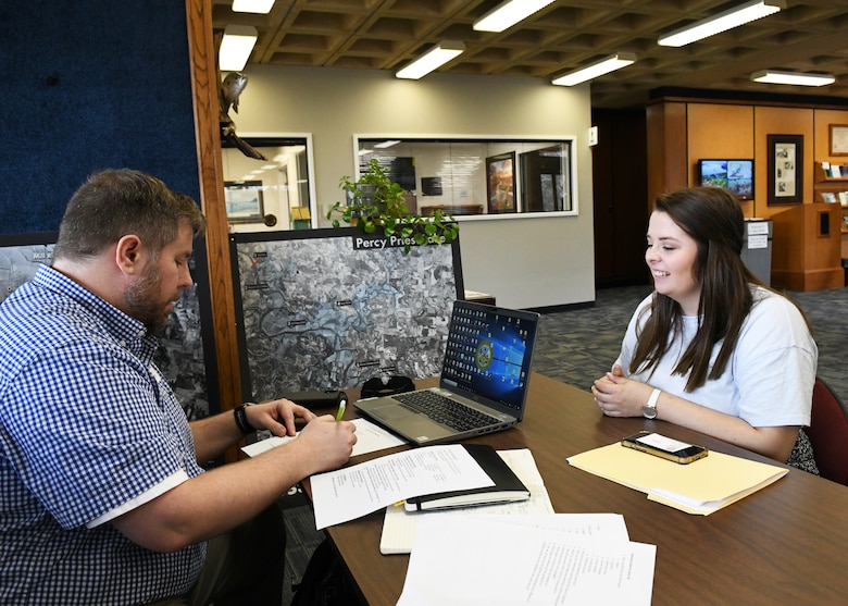 Regulatory Division Deputy Chief Casey Ehorn reviews a hiring candidate’s resume as they discuss what the Corps of Engineers is looking for in a potential hire during the Nashville District job fair at J. Percy Priest Lake in Nashville, Tennessee, on February 23, 2023.