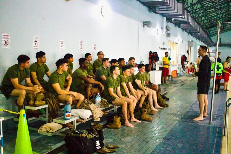 CATC Camp Fuji Marines receive instruction in the Marine Corps Water Survival Program.