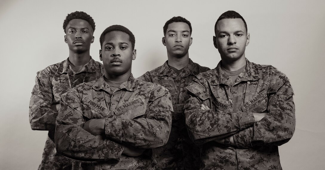 U.S. Marines with Headquarters and Support Battalion, Marine Corps Installations Pacific, and 3rd Marine Logistics Group, pose for a studio portrait on Camp Foster, Okinawa, Japan, Feb. 22, 2023. From the ranks of private first class through sergeant, Marines shared their past journeys leading up to their current successes in the Marine Corps and goals they have for the future. (U.S. Marine Corps photo by Lance Cpl. Jonathan Beauchamp)
