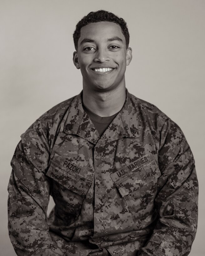 U.S. Marine Corps Sgt. Bejan Pazoki, a military police officer with the Special Reaction Team, Provost Marshal’s Office, Marine Corps Installations Pacific, poses for a studio portrait on Camp Foster, Okinawa, Japan, Feb. 22, 2023. From the ranks of private first class through sergeant, Marines shared their past journeys leading up to their current successes in the Marine Corps and goals they have for the future. (U.S. Marine Corps photo by Lance Cpl. Jonathan Beauchamp)