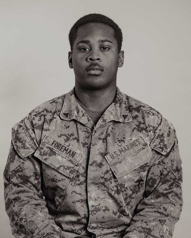 U.S. Marine Corps Lance Cpl. Camron Foreman, a data systems engineer with 3rd Network Battalion, Marine Corps Forces Cyberspace Command, poses for a studio portrait on Camp Foster, Okinawa, Japan, Feb. 22, 2023. From the ranks of private first class through sergeant, Marines shared their past journeys leading up to their current successes in the Marine Corps and goals they have for the future. (U.S. Marine Corps photo by Lance Cpl. Jonathan Beauchamp)