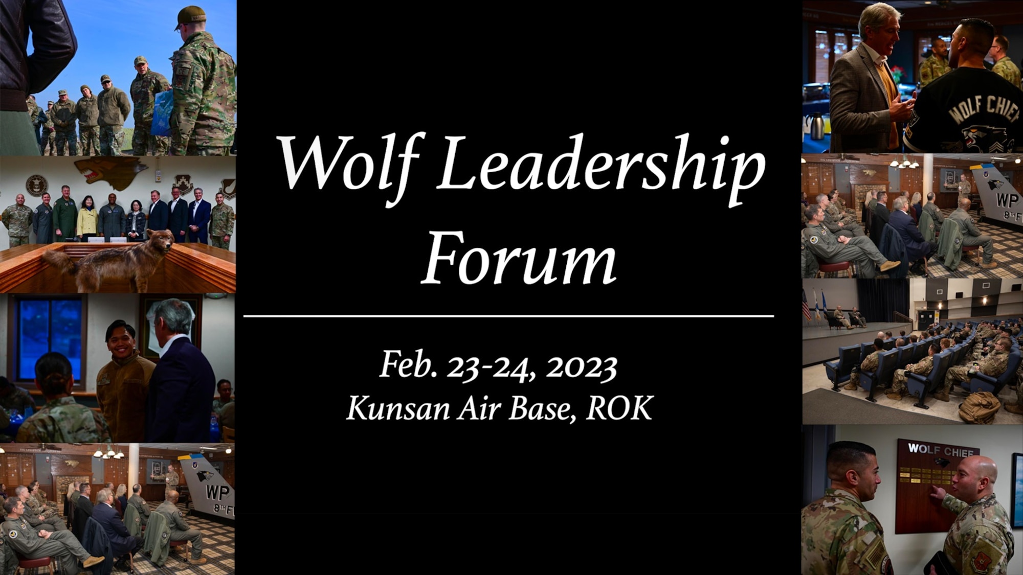 Former 8th Fighter Wing Commanders and Command Chiefs visited Kunsan Air Base as part of the inaugural Wolf Leadership Forum, Feb. 23-24, 2023. In this video, former Wolfs and Wolf Chiefs provide insight on their experience leading the Wolf Pack, its mission and what has changed since their departure.(U.S. Air Force graphic by Tech. Sgt. Timothy Dischinat)