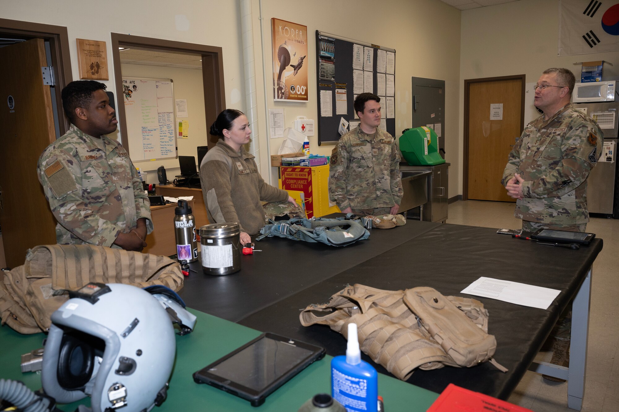 U.S. Air Force Ch. (Maj. Gen.) Randall Kitchens (right), Department of the Air Force chief of chaplains, speaks to Airmen from the 8th Fighter Wing at Kunsan Air Base, Republic of Korea, Feb. 23, 2023. The mission of a chaplain is to inspire the readiness of Airmen, Guardians and their families through religious accommodations, spiritual fitness, and leadership advice. (U.S. Air Force photo by Senior Airman Akeem K. Campbell)