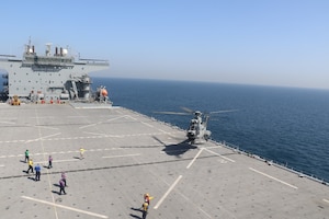 230224-N-NO146-1001 ARABIAN GULF (Feb. 24, 2023) – A United Arab Emirates Armed Forces AS332 Super Puma conducts deck landing qualifications aboard expeditionary sea base USS Lewis B. Puller (ESB 3) in the Arabian Gulf, Feb. 24, 2023. Puller is deployed to the U.S. 5th Fleet area of operations to help ensure maritime security and stability in the Middle East region.