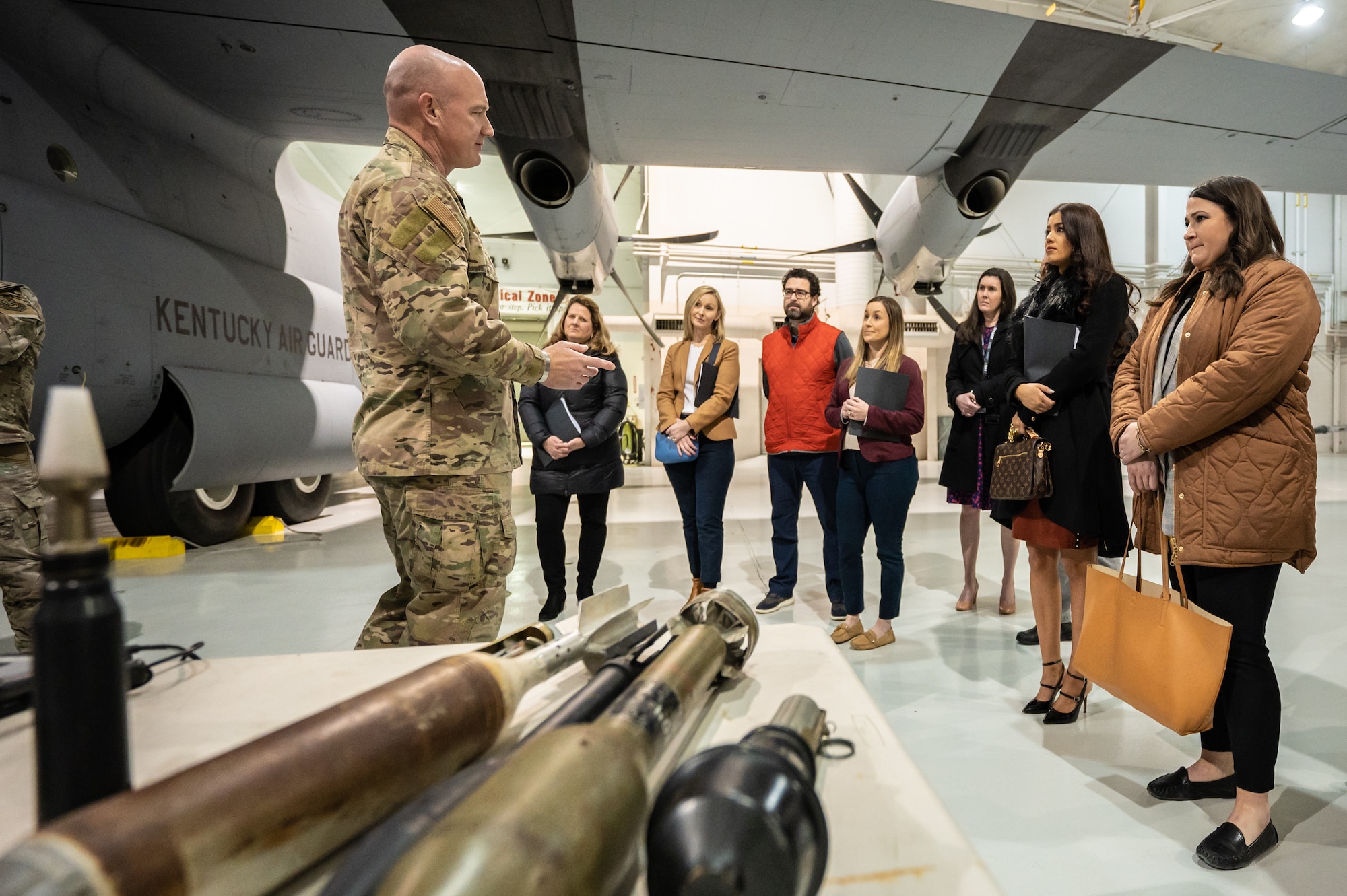 U.S. Air Force Master Sgt. Dustin Turner of the 123rd Explosive Ordnance Disposal Flight, briefs staff members from Kentucky’s Congressional Delegation about unit capabilities Feb. 17, 2023, at the Kentucky Air National Guard Base in Louisville, Ky. The staffers were touring the base to learn more about the mission sets of the Kentucky National Guard. (U.S. Air National Guard photo by Dale Greer)