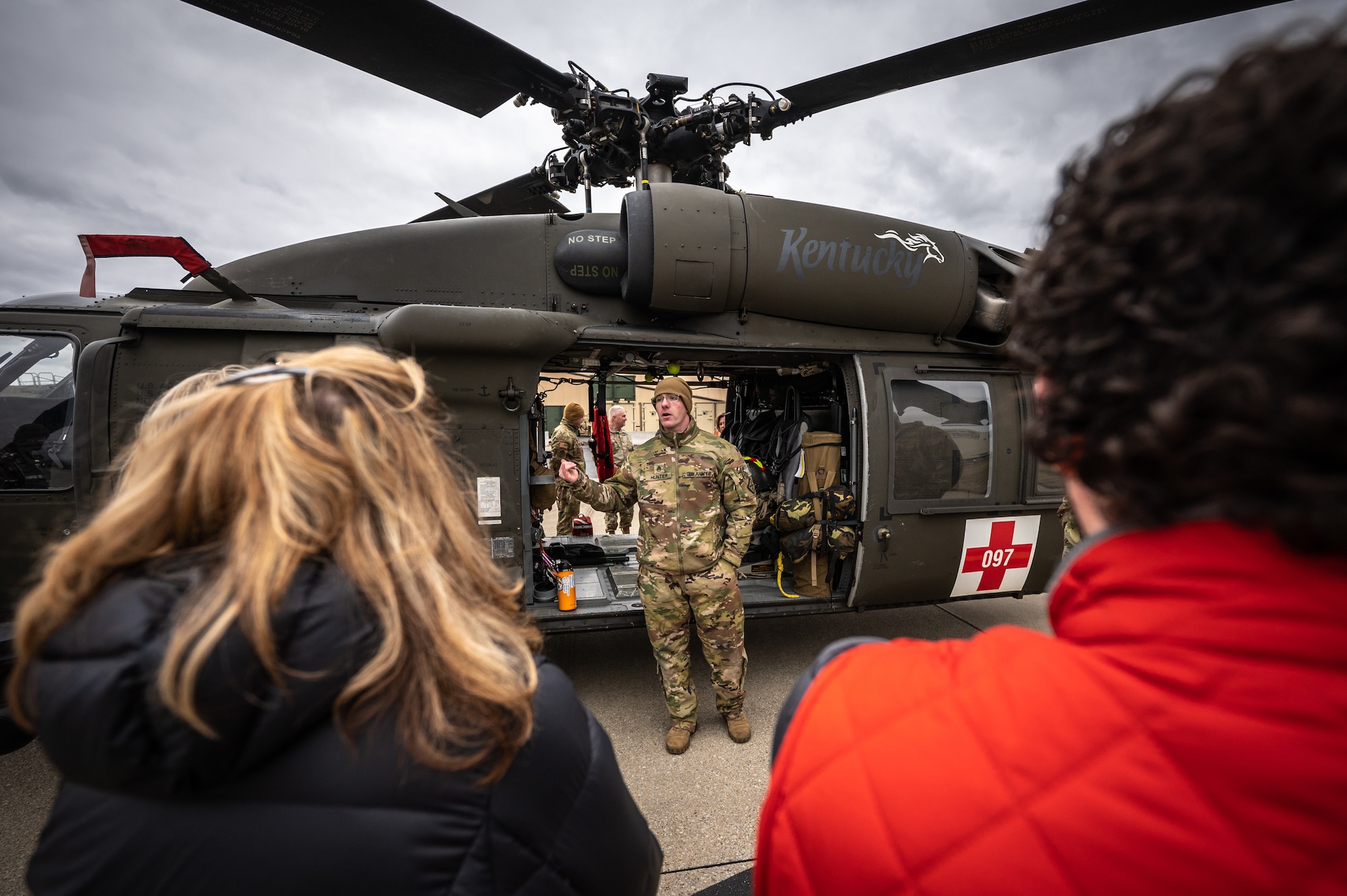 U.S. Army Staff Sgt. Ryan Hunter, a medic from the Kentucky Army National Guard’s 63rd Theater Aviation Brigade, briefs staff members from Kentucky’s Congressional Delegation about unit capabilities Feb. 17, 2023, at the Kentucky Air National Guard Base in Louisville, Ky. The staffers were touring the base to learn more about the mission sets of the Kentucky National Guard. (U.S. Air National Guard photo by Dale Greer)