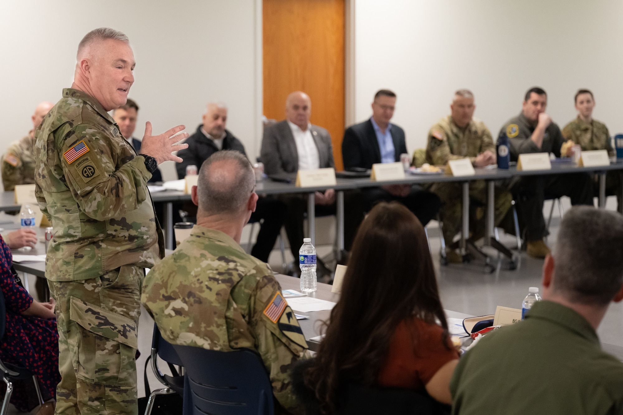 U.S. Army Maj. Gen. Haldane Lamberton, adjutant general of the Commonwealth of Kentucky, speaks to staff members from Kentucky's Congressional Delegation about the capabilities of the Kentucky National Guard during a briefing at the Kentucky Air National Guard Base in Louisville, Ky., Feb. 17, 2023. The staffers also met with troops and received hands-on familiarization with mission-essential equipment, including rocket launchers, helicopters and fixed-wing aircraft. (U.S. Air National Guard photo by Dale Greer)