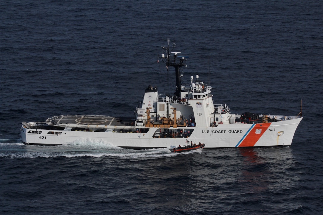 The USCGC Valiant (WMEC 621) crew recovers their cutter boat Sept. 2018, while underway in the Carribean Sea. The Valiant crew patrolled over 7,000 nautical miles in the Caribbean in support of Joint Interagency Task Force South. (U.S. Coast Guard photo courtesy of USCGC Valiant (WMEC 621)