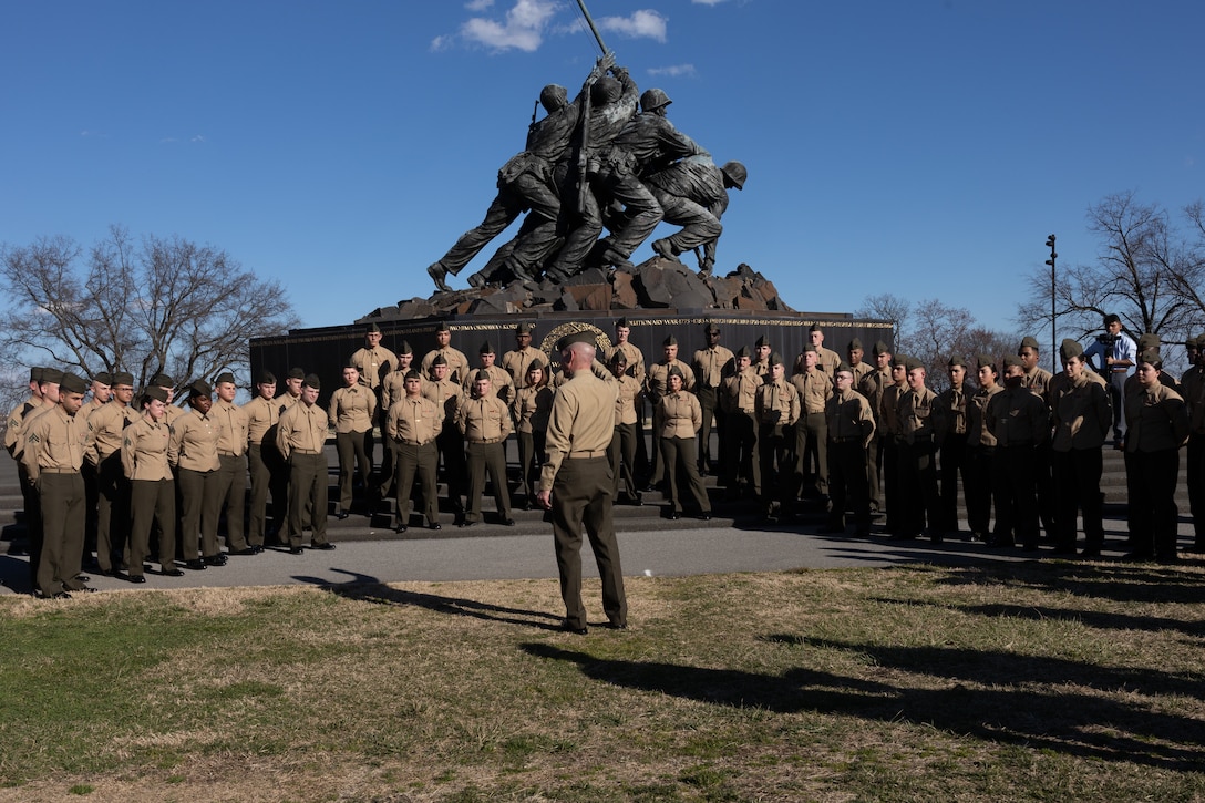 U.S. Marine Corps Gen. Eric M. Smith, Assistant Commandant of the Marine Corps, gives a speech at the Marine Corps War Memorial in Arlington, Va. on Feb. 23, 2023. U.S. Marines from 2nd Marine Logistics Group participated in a reenlistment ceremony on the 78th anniversary flag raising atop Mount Suribachi, during the Battle for Iwo Jima.