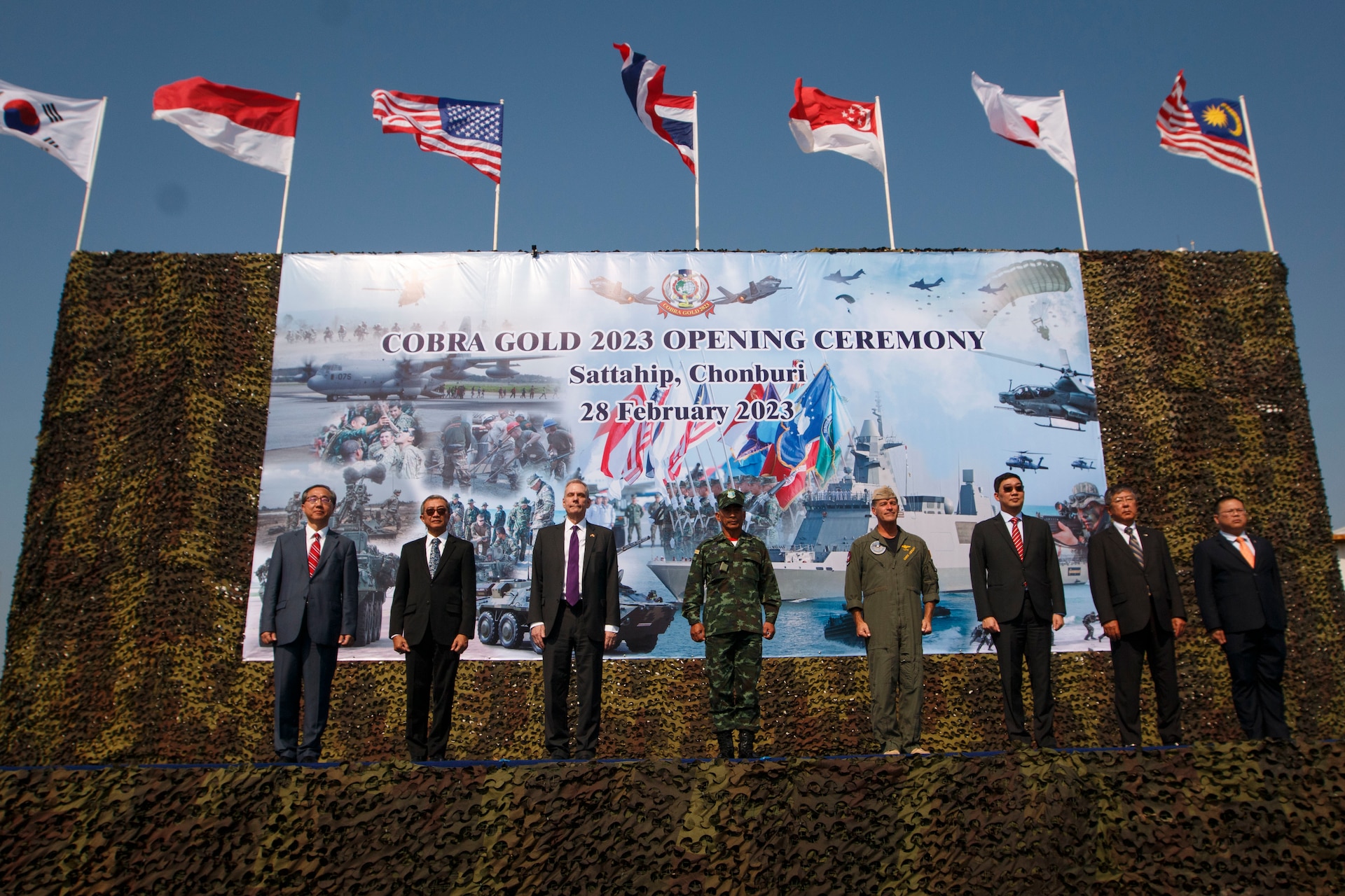Service members, key leaders, and representatives from participating nations attend the opening ceremony of Exercise Cobra Gold at Utapao International Airport, Ban Chang district, Rayong province, Kingdom of Thailand, Feb. 28, 2023.