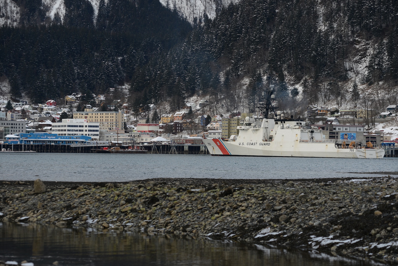 Coast Guard Cutter Munro [WMSL 755] arrives in Juneau, Alaska on Feb. 27, 2023. This cutter is named after Douglas Munro, awarded the Medal of Honor in 1942. (U.S. Coast Guard photo by Petty Officer 3rd Class Ilian Borrero-Aguirre)