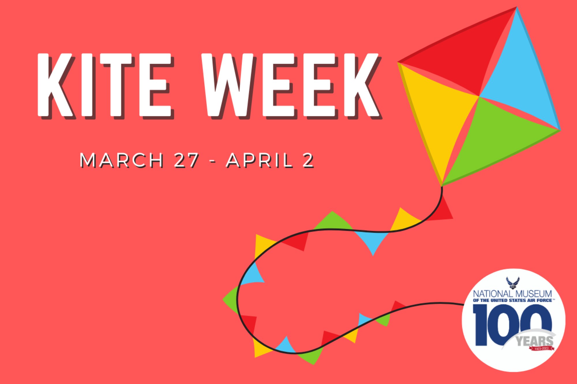 Image with a  multi-colored kite and Kite Week, March 27- april 2