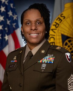 Command Sgt. Maj. Joy L. Allen, U.S. Army Financial Management Command senior enlisted advisor, poses for an official photo at the Maj. Gen. Emmett J. Bean Federal Center in Indianapolis, Feb. 28, 2023. Allen took over in her new role on March 1, 2023. (U.S. Army photo by Mark R. W. Orders-Woempner)