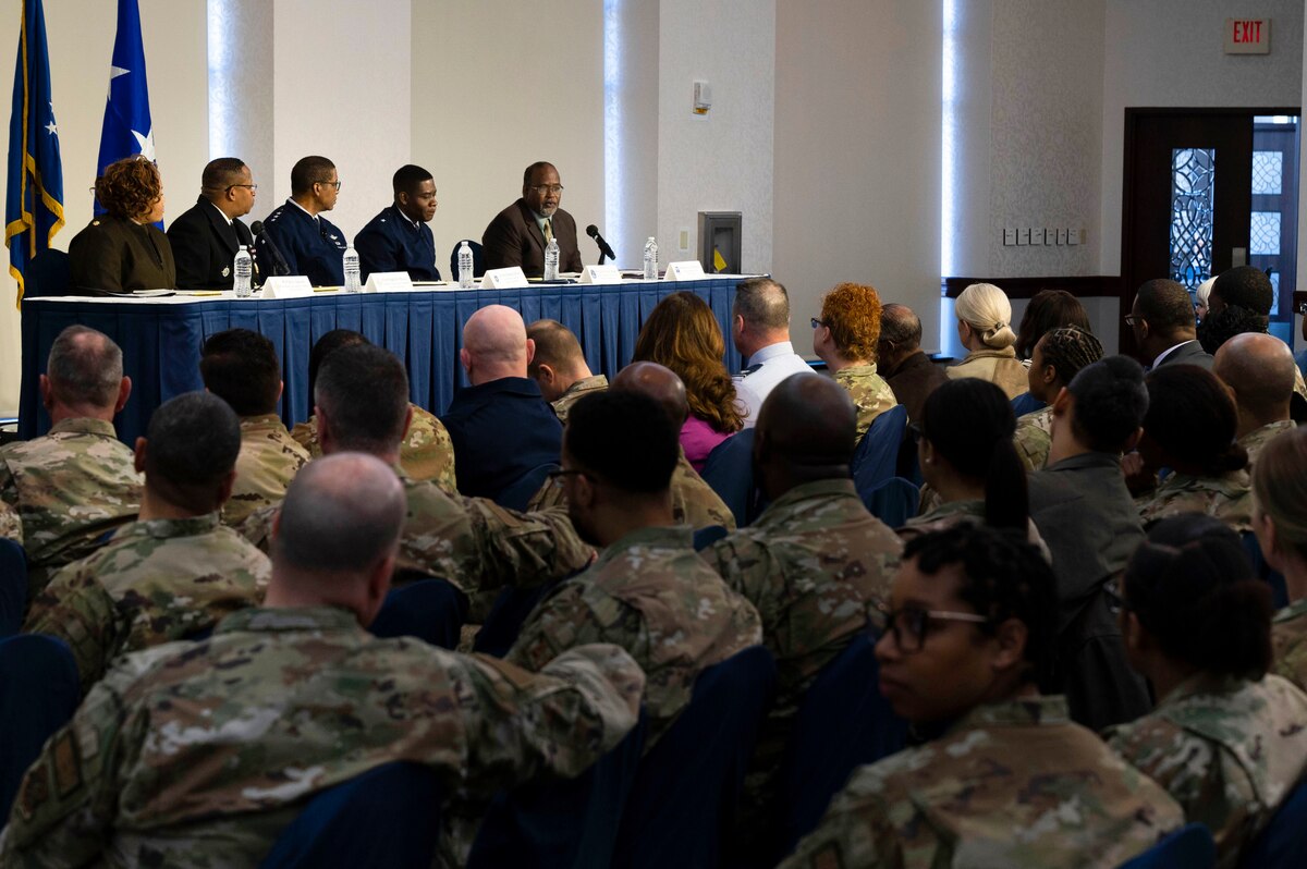 Darren Johnson, 618th Air Operations Center chief of staff, responds to a question during a joint leadership Black History Month panel on Scott Air Force Base, Illinois, Feb. 24, 2023. Johnson was one of five panelists who participated in the discussion alongside U.S. Air Force Lt. Gen. Randall Reed, Air Mobility Command deputy director, Brig. Gen. Terrence Adams, Director of Cyberspace Operations and Warfighter Communications, U.S. Navy Fleet Master Chief Donald Myrick, U.S. Transportation Command senior enlisted advisor, and U.S. Army Maj. Alexis Jackson, USTRANSCOM J3 executive officer. (U.S. Air Force photo by Staff Sgt. Dalton Williams)