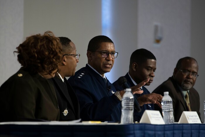 U.S. Air Force Lt. Gen. Randall Reed, Air Mobility Command deputy commander, responds to a question during a joint leadership Black History Month panel on Scott Air Force Base, Illinois, Feb. 24, 2023. During the event, each of the five panelists invested in a dialogue discussing a variety of topics touching on diversity, inclusion and respect. (U.S. Air Force photo by Staff Sgt. Dalton Williams)