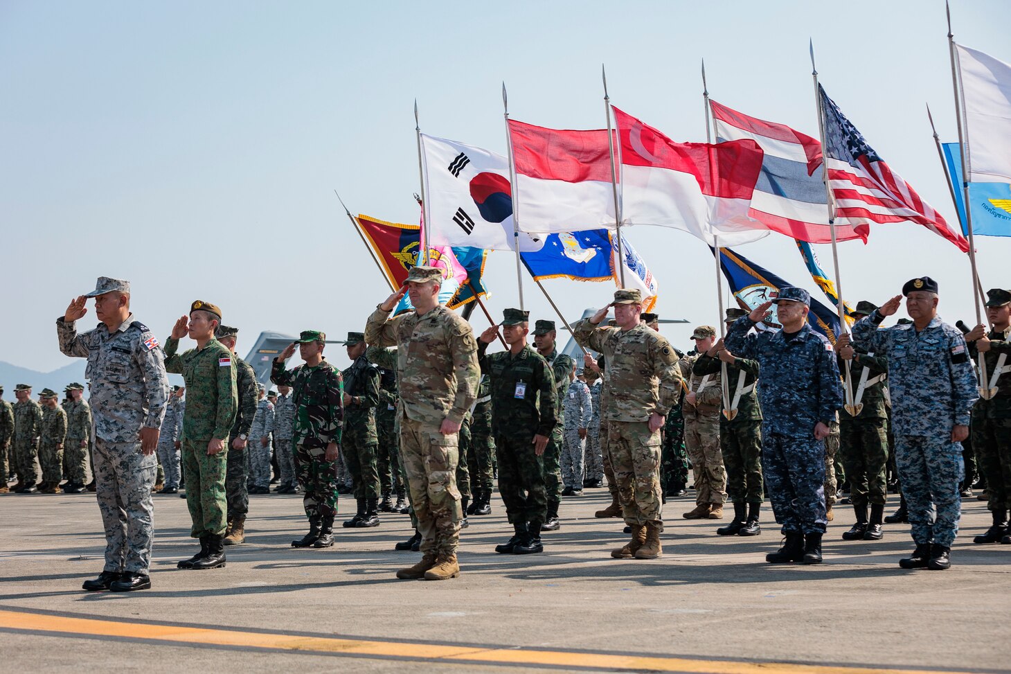 Service members from participating nations attend the opening ceremony of Exercise Cobra Gold at Utapao International Airport, Ban Chang district, Rayong province, Kingdom of Thailand, Feb. 28, 2023. Cobra Gold, now in its 42nd year, is a Thai-U.S. co-sponsored training event that builds on the longstanding friendship between the two allied nations and brings together a robust multinational force to promote regional peace and security in support of a free and open Indo-Pacific. (U.S. Army National Guard photo by Staff Sgt. Adeline Witherspoon)