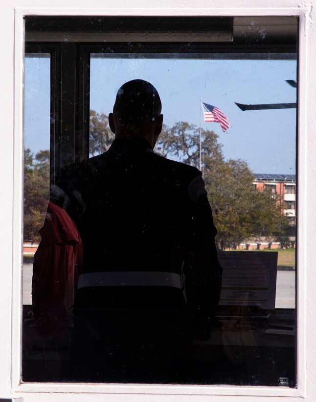 Staff Sgt. Mark Gulotta, with Recruit Training Regiment, narrates a recruit graduation on Marine Corps Recruit Depot  Parris Island, S.C., Feb 25, 2022. Gulotta completed his first graduation ceremony on February 25. (U.S. Marine Corps photo by Lance Cpl. Michelle Brudnicki)