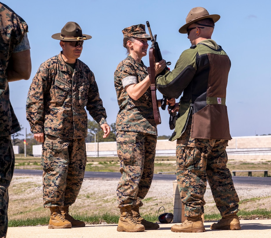 Marines with Weapons and Field Training Battalion hold a ribbon cutting ceremony for the re-opening of Hue City Range on Marine Corps Recruit Depot Parris Island S.C., Mar 17, 2022. Hue City is the second of the four main recruit ranges to be refurbished. (U.S. Marine Corps photo by Lance Cpl. Michelle Brudnicki)