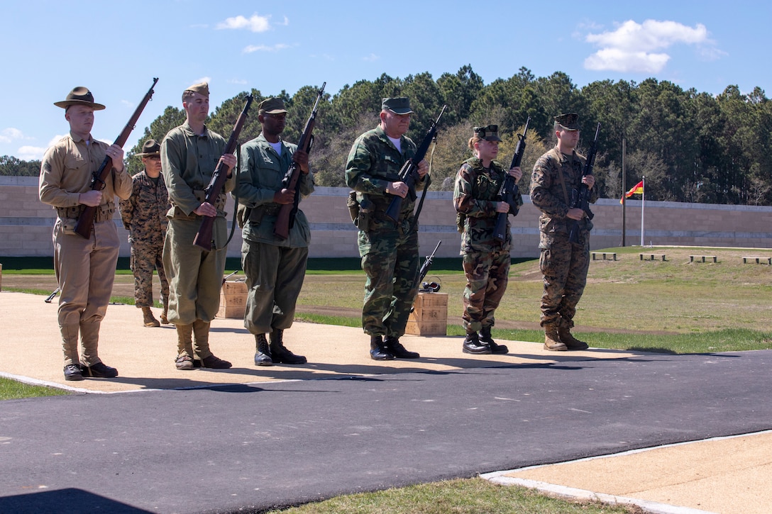 Marines with Weapons and Field Training Battalion hold a ribbon cutting ceremony for the re-opening of Hue City Range on Marine Corps Recruit Depot Parris Island S.C., Mar 17, 2022. Hue City is the second of the four main recruit ranges to be refurbished. (U.S. Marine Corps photo by Lance Cpl. Michelle Brudnicki)