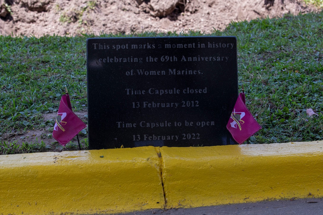 A plaque dedicated to the 69th Anniversary of Women Marines in 2012 stands outside the 4th Recruit Training Battalion Headquarters on Marine Corps Recruit Depot Parris Island S.C., May 5, 2022. The time capsule contained relics from various decades of women’s service in the Marine Corps. (U.S. Marine Corps photo by Lance Cpl. Michelle Brudnicki)