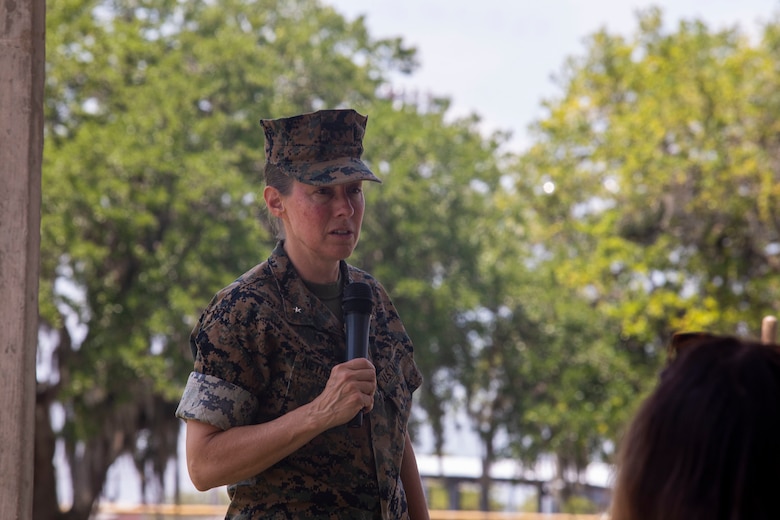 Brig. Gen. Julie L. Nethercot, Marine Corps Recruit Depot Parris Island and Eastern Recruiting Region Commanding General, gives a speech at a ceremony to unearth a time capsule at the 4th Recruit Training Battalion on Marine Corps Recruit Depot Parris Island, S.C., May 5, 2022. The time capsule contained relics from various decades of women’s service in the Marine Corps. (U.S. Marine Corps photo by Lance Cpl. Michelle Brudnicki)
