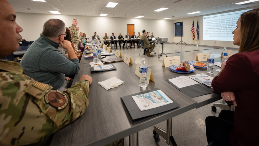 U.S. Army Maj. Gen. Haldane Lamberton, adjutant general of the Commonwealth of Kentucky, speaks to staff members from Kentucky's Congressional Delegation about the capabilities of the Kentucky National Guard during a briefing at the Kentucky Air National Guard Base in Louisville, Ky., Feb. 17, 2023. The staffers also met with troops and received hands-on familiarization with mission-essential equipment, including rocket launchers, helicopters and fixed-wing aircraft. (U.S. Air National Guard photo by Dale Greer)