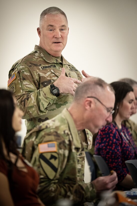 U.S. Army Maj. Gen. Haldane Lamberton, adjutant general of the Commonwealth of Kentucky, speaks to staff members from Kentucky's Congressional Delegation about the capabilities of the Kentucky National Guard during a briefing at the Kentucky Air National Guard Base in Louisville, Ky., Feb. 17, 2023. The staffers also met with troops and received hands-on familiarization with mission-essential equipment, including rocket launchers, helicopters and fixed-wing aircraft. (U.S. Air National Guard photo by Dale Greer)