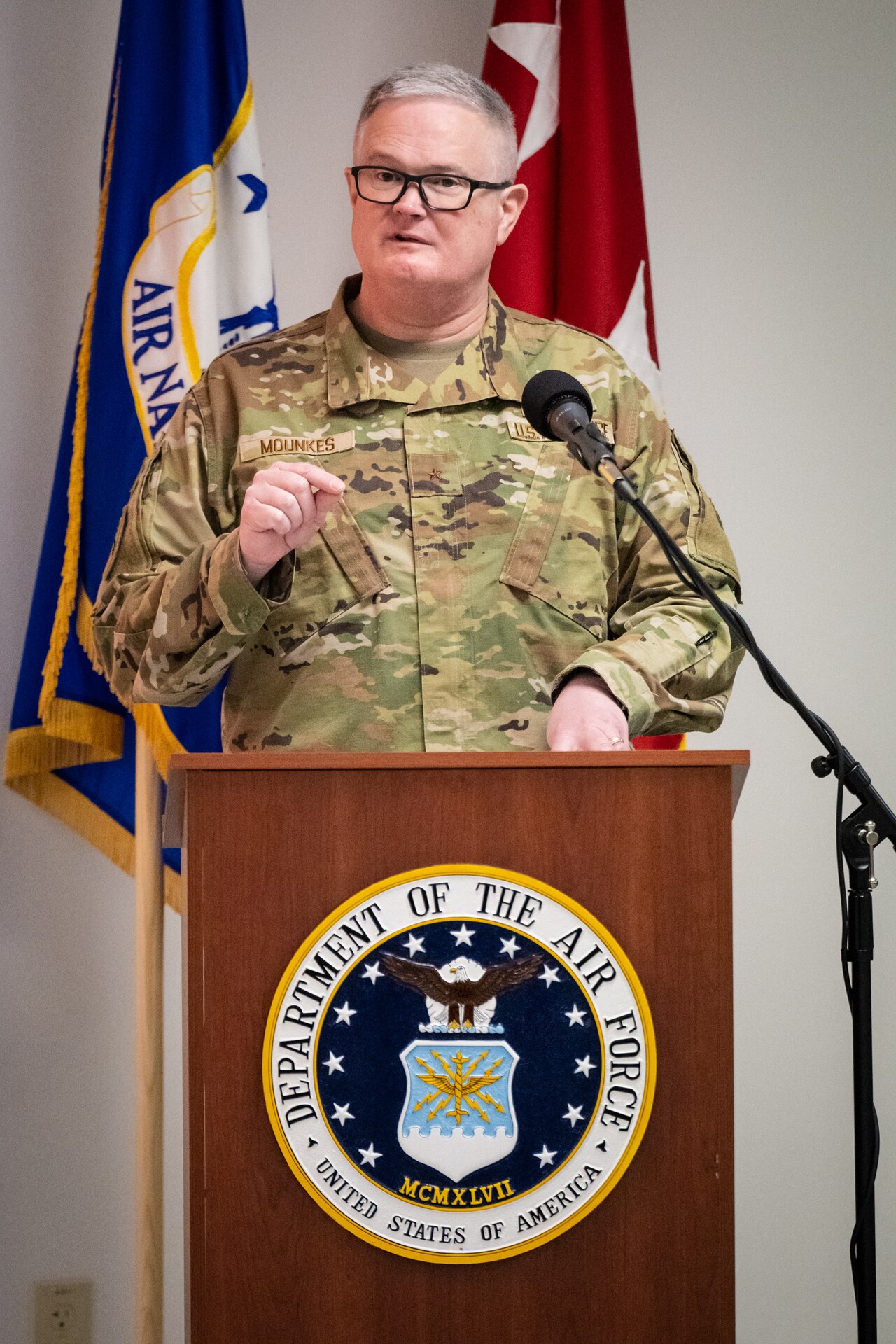U.S. Air Force Brig. Gen. David Mounkes, assistant adjutant general for Air, speaks to staff members from Kentucky's Congressional Delegation about the capabilities of the Kentucky Air National Guard during a briefing at the 123rd Airlift Wing in Louisville, Ky., Feb. 17, 2023. The staffers also met with Airmen and received hands-on familiarization with mission-essential equipment, including special tactics gear and the C-130J Super Hercules aircraft. (U.S. Air National Guard photo by Dale Greer)