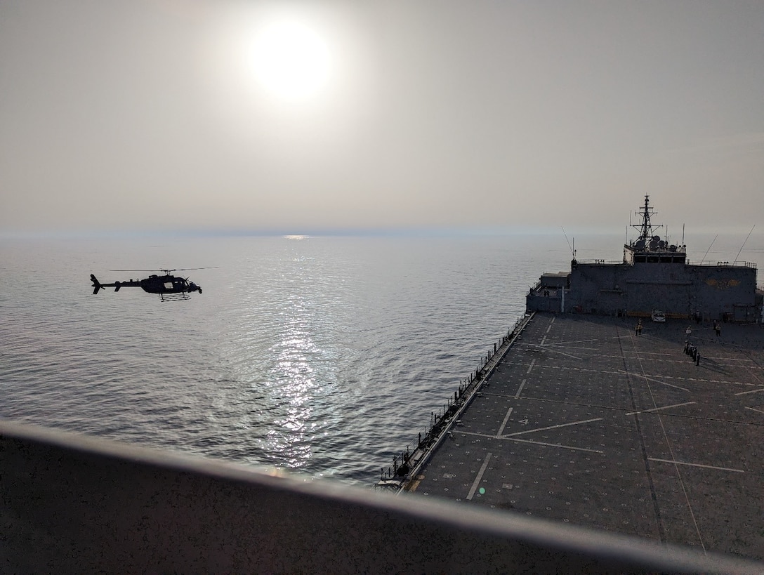 ARABIAN GULF (Feb. 23, 2023) A United Arab Emirates Armed Forces Bell 407 conducts deck landing qualifications aboard expeditionary sea base USS Lewis B. Puller (ESB 3) in the Arabian Gulf, Feb. 23, 2023. Puller is deployed to the U.S. 5th Fleet area of operations to help ensure maritime security and stability in the Middle East region.