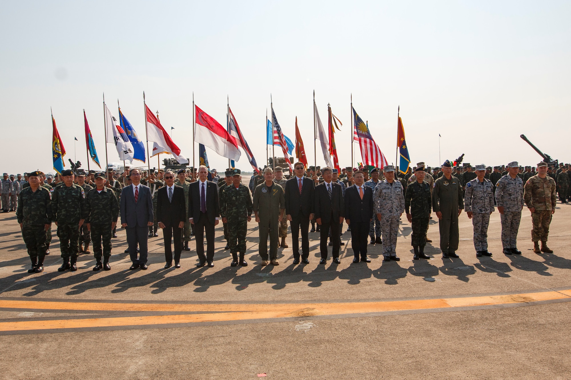 Service members, key leaders, and representatives from participating nations attend the opening ceremony of Exercise Cobra Gold at Utapao International Airport, Ban Chang district, Rayong province, Kingdom of Thailand, Feb. 28, 2023. Cobra Gold, now in its 42nd year, is a Thai-U.S. co-sponsored training event that builds on the longstanding friendship between the two allied nations and brings together a robust multinational force to promote regional peace and security in support of a free and open Indo-Pacific. (U.S. Army National Guard photo by Staff Sgt. Adeline Witherspoon)