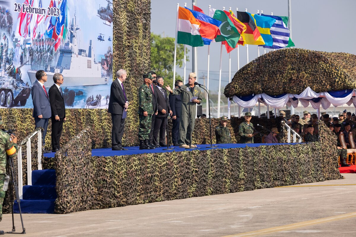 Adm. Chris Aquilino, commander of U.S. Indo-Pacific Command, addresses the audience alongside leaders and representatives from participating nations during the opening ceremony of Exercise Cobra Gold 2023 at Utapao International Airport, Ban Chang district, Rayong province, Kingdom of Thailand, Feb. 28, 2023. Cobra Gold, now in its 42nd year, is a Thai-U.S. co-sponsored training event that builds on the longstanding friendship between the two allied nations and brings together a robust multinational force to promote regional peace and security in support of a free and open Indo-Pacific. (U.S. Marine Corps photo by Sgt. Abrey Liggins)