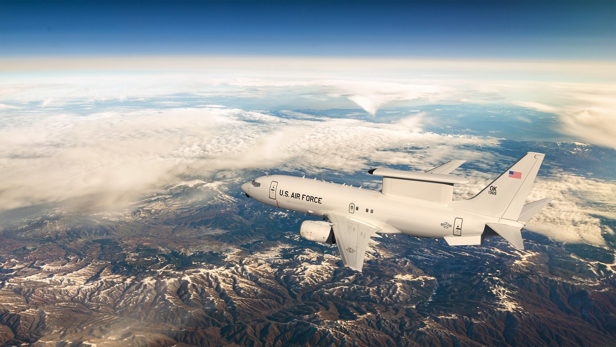 An artist's depiction shows an E-7A in flight. The E-7A is the Department of Defense's future tactical battle management, command and control and moving target indication platform scheduled to replace the E-3 Airborne Warning and Control System. (Courtesy photo)