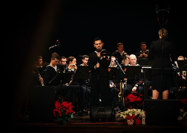 (Dec. 15, 2022) Musician 3rd Class Robert Novoa, member of the U.S. Naval Forces Europe-Africa (NAVEUR-NAVAF) Band, performs during a concert at Teatro Garibaldi in Santa Maria Capua Vetere, Italy, Dec. 15, 2022. NAVEUR-NAVAF operates U.S. naval forces in the U.S. European Command (USEUCOM) and U.S. Africa Command (USAFRICOM) areas of responsibility. U.S. Sixth Fleet is permanently assigned to NAVEUR-NAVAF, and employs maritime forces through the full spectrum of joint and naval operations.