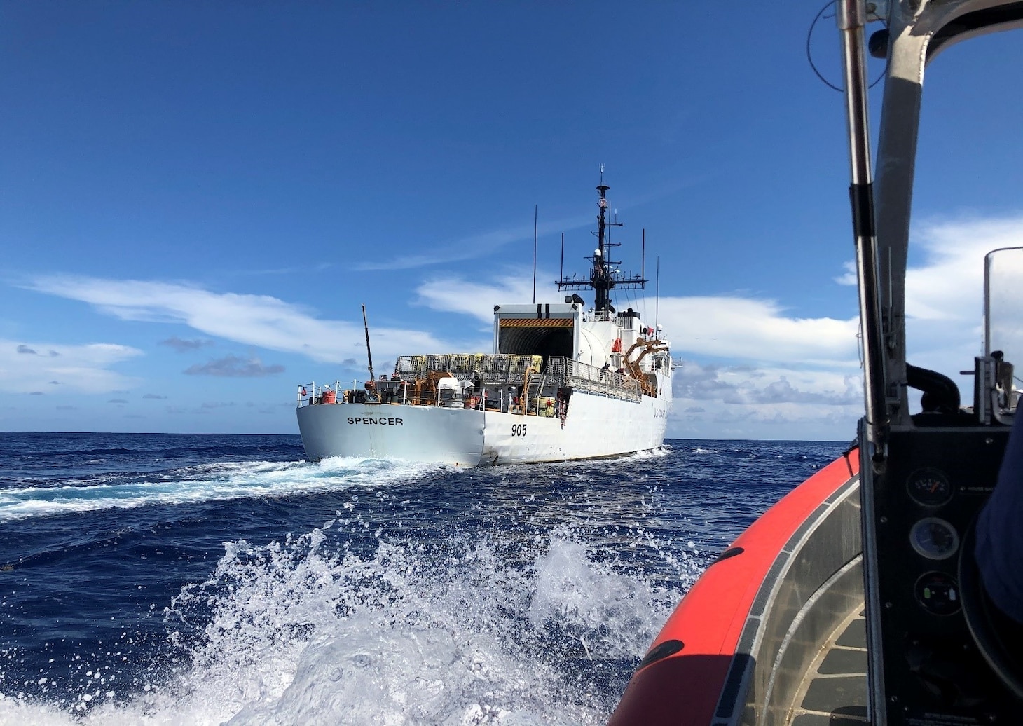 U.S. Coast Guard Cutter Spencer (WMEC 905) underway on patrol in the Eastern Pacific, January 2021. The crew covered over 11,000 miles seizing over $10 million of drugs and assisted in disrupting transnational crime organizations. (U.S. Coast Guard courtesy photo/Released)