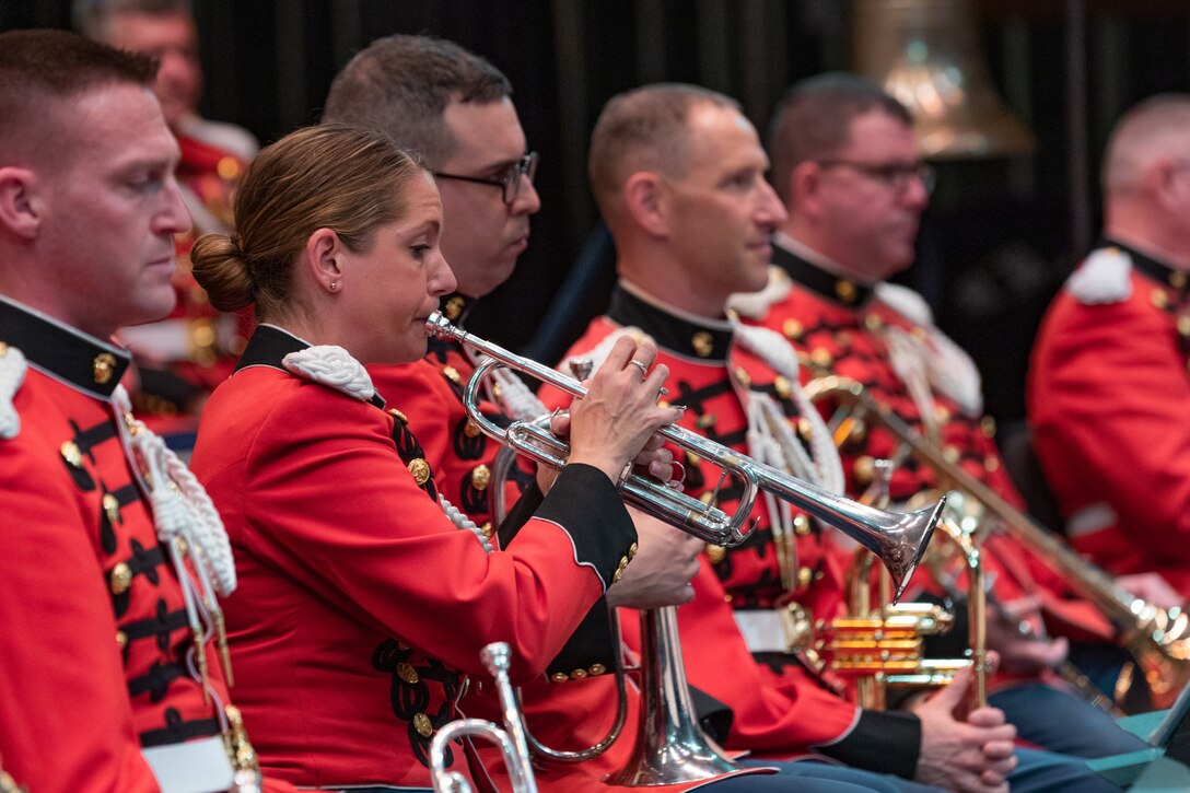 U.S. Marine Band Principal Trumpet Gunnery Sgt. Amy McCabe performs during the 2022 tour concert in Harrisburg, Pa.