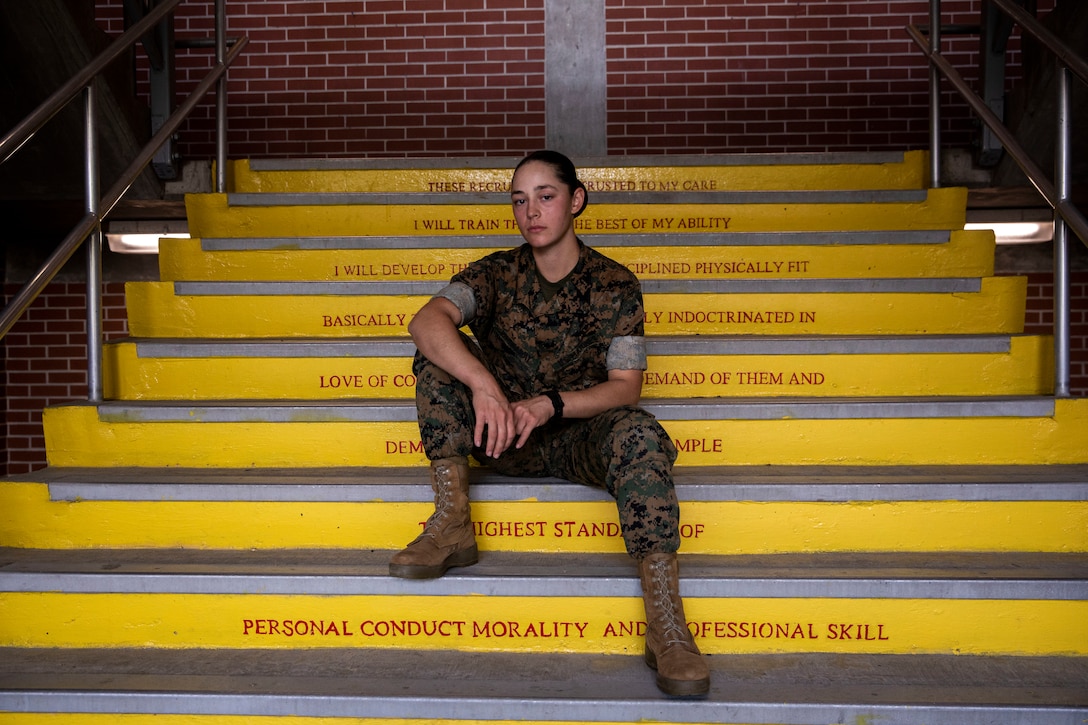 Pfc. Kylie Hathaway poses for a portrait on Marine Corps Recruit Depot Parris Island S.C., May 25, 2022. Hathaway began training on the west coast at Marine Corps Recruit Depot San Diego and was transferred to MCRD Parris Island after an injury to her tibia required her to enter a recovery platoon. (U.S. Marine Corps photo by Lance Cpl. Michelle Brudnicki)