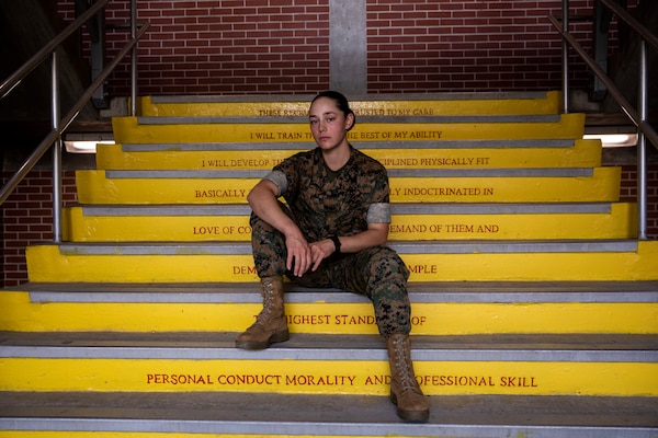 Pfc. Kylie Hathaway poses for a portrait on Marine Corps Recruit Depot Parris Island S.C., May 25, 2022. Hathaway began training on the west coast at Marine Corps Recruit Depot San Diego and was transferred to MCRD Parris Island after an injury to her tibia required her to enter a recovery platoon. (U.S. Marine Corps photo by Lance Cpl. Michelle Brudnicki)