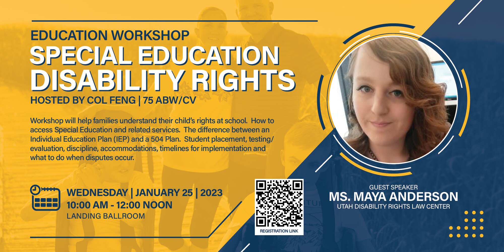 Graphic featuring a portrait of guest spaker Maya Anderson and information about the Jan. 25 workshop.