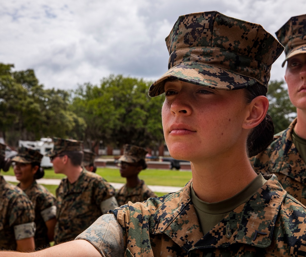 Pfc. Kylie Hathaway poses for a portrait on Marine Corps Recruit Depot Parris Island S.C., May 26, 2022. Hathaway began training on the west coast at Marine Corps Recruit Depot San Diego and was transferred to MCRD Parris Island after an injury to her tibia required her to enter a recovery platoon. (U.S. Marine Corps photo by Lance Cpl. Michelle Brudnicki)