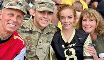 Lt. Gen. Daniel L. Karbler, commanding general of U.S. Army Space and Missile Defense Command, and his family share in one of their favorite family traditions as they attend a U.S. Military Academy football game at Michie Stadium at West Point, New York, in September 2021. From left are: Karbler; his son, Tim, a cadet at West Point; his daughter, Lauren, a first lieutenant serving as the aide-de-camp for the 32nd Air and Missile Defense Command commanding general; and his wife, Leah, a retired Air Force officer. (Courtesy photo)