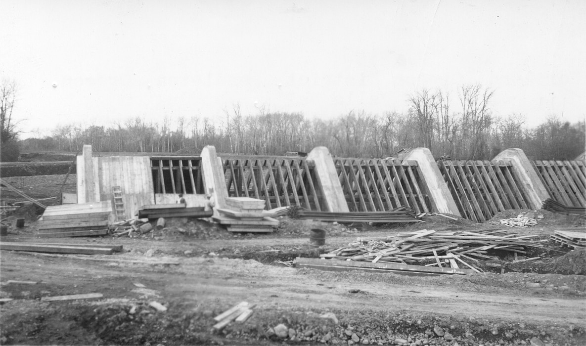 Photo of the Mill Creek project during construction. The project was completed in 1942 and is the oldest project in the Walla Walla District.