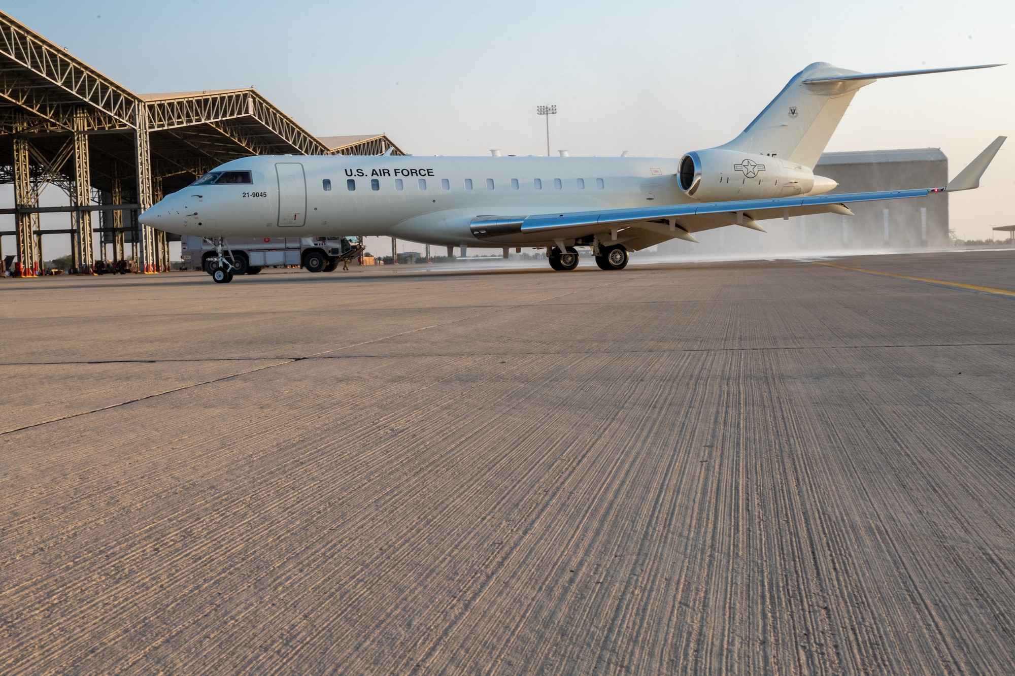 A new U.S. Air Force E-11A BACN aircraft taxis to a parking spot at Prince Sultan Air Base, Kingdom of Saudi Arabia, Dec. 16, 2022.