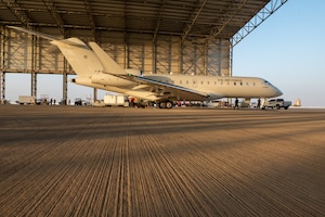 A new U.S. Air Force E-11A BACN aircraft arrives at Prince Sultan Air Base, Kingdom of Saudi Arabia, Dec. 16, 2022.