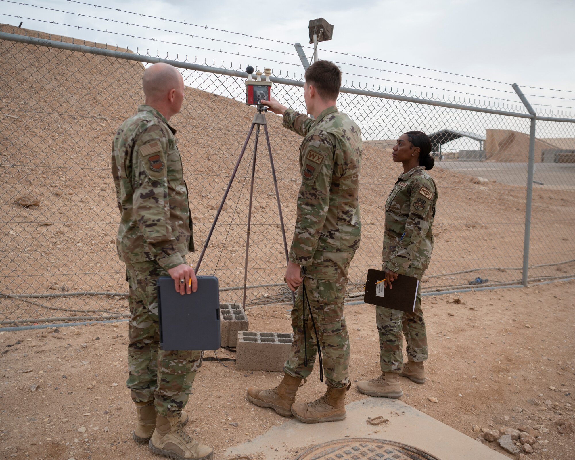 U.S. Air Force Col. Jason Houston, Deputy Commander of the 332d Air Expeditionary Wing (left), and Chief Master Sgt. Keyonna Smith, Senior Enlisted Leader of 332d Air Expeditionary Wing A4 Logistics, operate Kestrel 5500 Weather Meters at an undisclosed location, Southwest Asia, Nov. 2, 2022. Airmen with the 332d Expeditionary Operational Support Squadron use this device to measure wind velocity, temperature, humidity, dew point and elevation. (U.S. Air Force photo by: Tech. Sgt. Jeffery Foster)