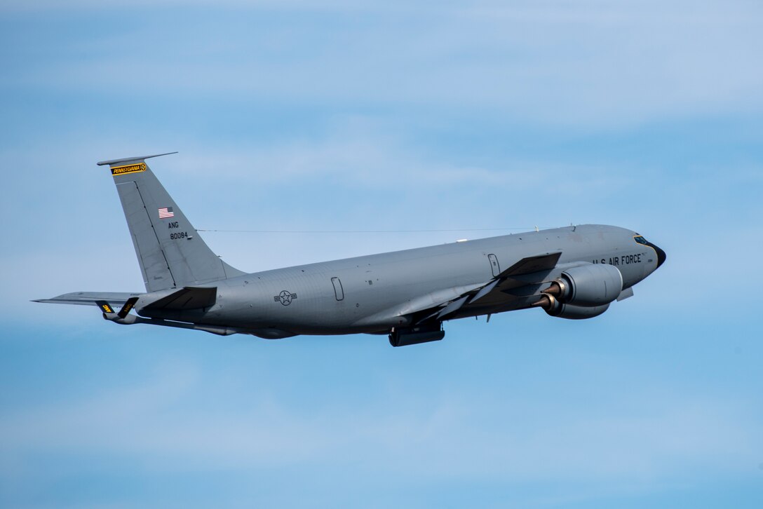 A KC-135 aircraft takes off from the 171st Air Refueling Wing, an Air National Guard unit near Pittsburgh Pa., Oct. 25, 2022. The aircraft was supporting Operation Nobel Defender, a long-planned NORAD exercise that validates the command’s capability to defend Canada and the United States from every avenue of approach. (U.S. Air National Guard photo by Senior Master Sgt. Shawn Monk)