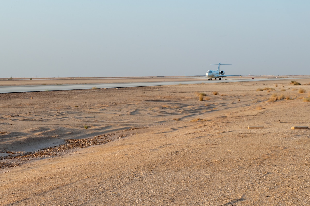 A new U.S. Air Force E-11A BACN aircraft lands at Prince Sultan Air Base, Kingdom of Saudi Arabia, Dec. 16, 2022.