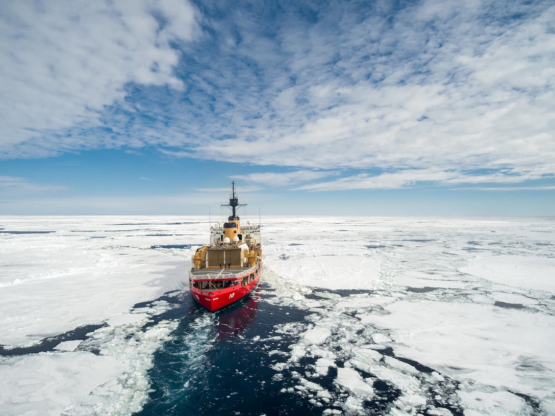 Coast Guard Cutter Polar Star (WAGB 10) transits through pack ice in the Southern Ocean, Dec. 28, 2022. Polar Star is en route to Antarctica in support of Operation Deep Freeze, a joint service, inter-agency support operation for the National Science Foundation, which manages the United States Antarctic Program.