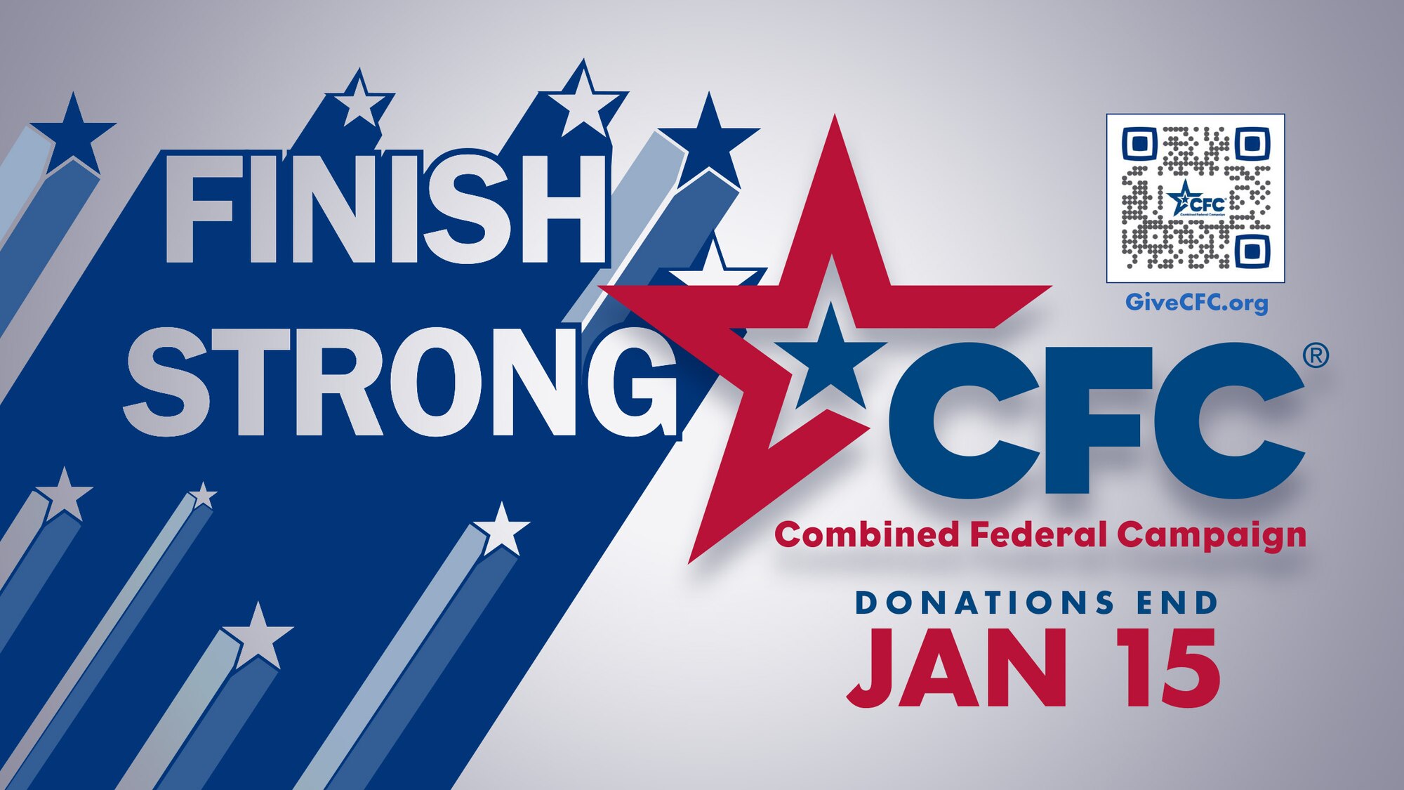 CFC graphic depicting the words "Finish Strong" along with a QR code to the CFC donation site.