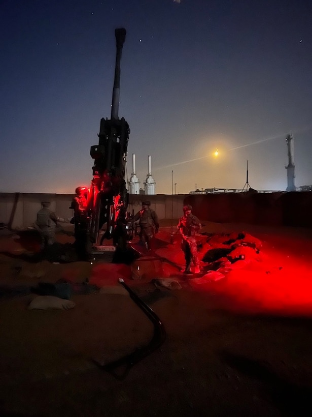 Soldiers from 1st Battalion, 125th Infantry Regiment, 37th Infantry Brigade Combat Team, supporting Combined Joint Task Force - Operation Inherent Resolve, conduct a M777 Howitzer night operational rehearsal exercise in eastern Syria, Jan. 01, 2023. Weapon system validation and readiness maintenance are mission-essential tasks that allow U.S. Army forces to promote and support regional security and stability. (U.S. Army National Guard photo courtesy of Spc. Benjamin Tierney)