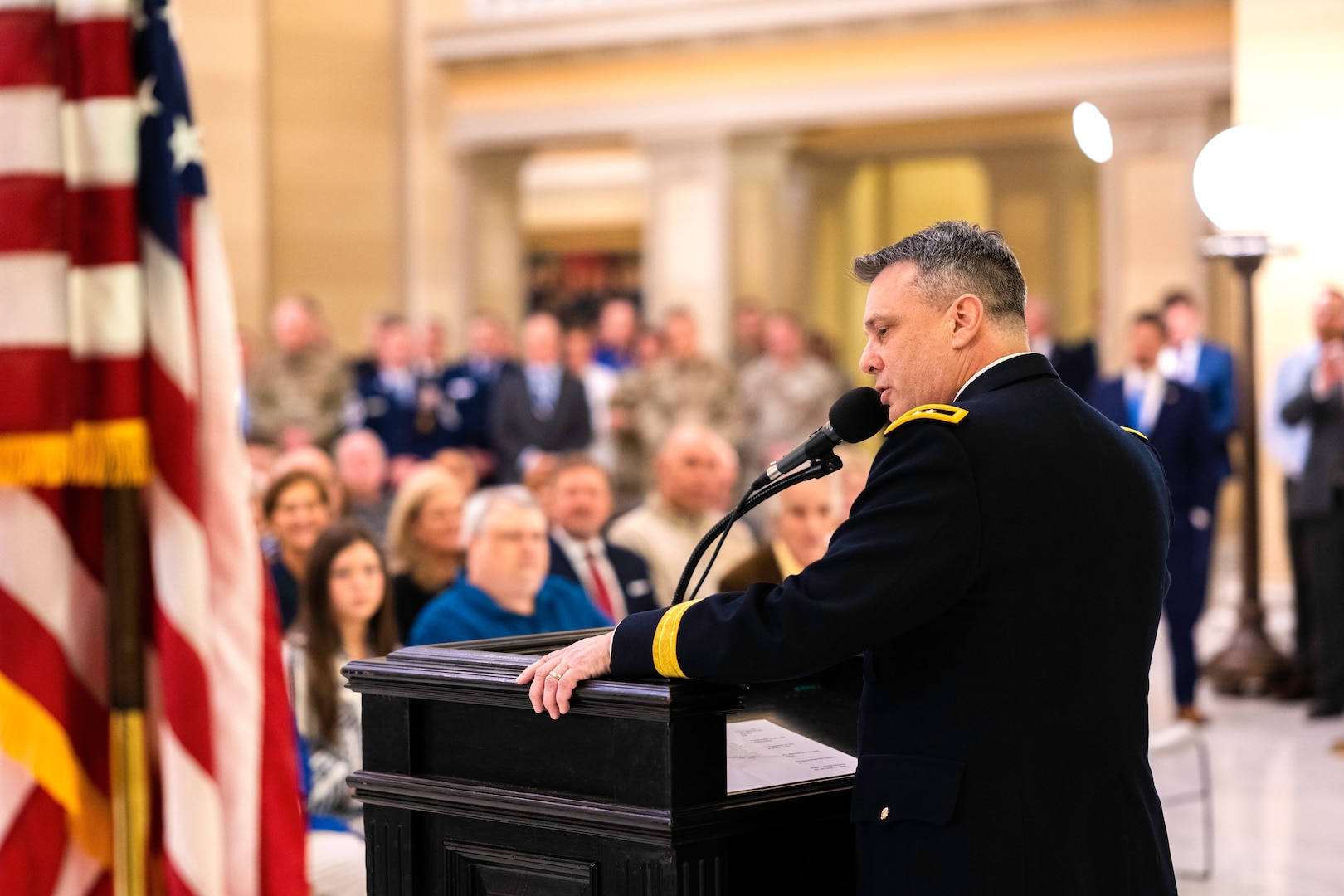 Maj. Gen. Thomas H. Mancino, adjutant general for Oklahoma, speaks during his promotion ceremony held at the Oklahoma State Capitol in Oklahoma City, Jan. 3, 2023. Mancino pinned his second star, officially reaching the highest rank one can achieve with the Oklahoma National Guard. (Oklahoma National Guard photo by Sgt. 1st Class Mireille Merilice-Roberts)